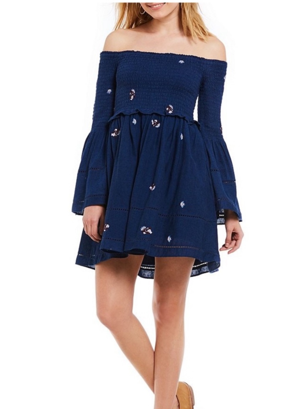 NWT Free People Counting Daisies Embroidered Off-The-Shoulder Mini Dress Blue M